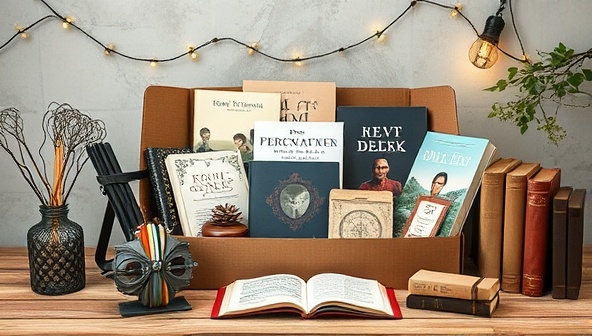An aesthetically designed subscription box display featuring a collection of books, writing supplies, literary-themed items, and cozy reading nook essentials, evoking a sense of wonder, excitement, and literary charm for subscribers receiving their monthly box.