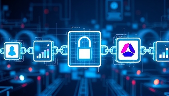 An abstract representation of digital blocks forming a secure chain around ad elements like banners and logos, symbolizing the transparency and security provided by blockchain technology in ad verification, in a visually striking and futuristic style.