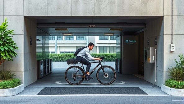 An underground parking facility entrance with a cyclist effortlessly storing their bike in the CycleVault system, featuring automated mechanisms and advanced security measures, surrounded by a modern urban landscape, highlighting the convenience and safety of the innovative bicycle parking solution.