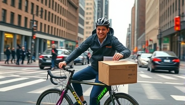 A dynamic image of a bike courier navigating through city streets, carrying a package with a smile, showcasing the speed and eco-friendly nature of BikeBuddy's delivery service against the backdrop of a bustling urban environment.