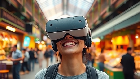 An individual wearing a VR headset, smiling in awe as they virtually explore a bustling marketplace in a foreign country, surrounded by vibrant colors and sounds, capturing the essence of virtual travel adventures.