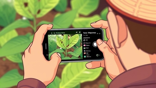 An illustrated depiction of a farmer using the AgriAID Detect app on a smartphone, capturing a close-up photo of a diseased plant leaf, with the app displaying an instant diagnosis and treatment recommendations, showcasing the convenience and efficiency of AI-powered crop disease detection.