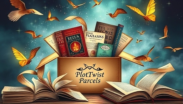 An artistic depiction of a PlotTwist Parcels subscription box bursting with literary treasures, including books of various genres, writing journals, bookmarks, and aromatic tea blends, surrounded by whimsical literary elements like flying pages and swirling plot twists, evoking a sense of wonder and anticipation for subscribers.