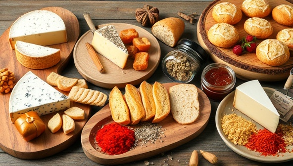 A visually enticing spread of artisanal food products like gourmet cheeses, freshly baked pastries, homemade preserves, and exotic spices arranged on rustic wooden boards and colorful platters, showcasing the diverse and delectable offerings available on the ArtisanEats Market platform, inviting viewers to indulge in a culinary adventure.