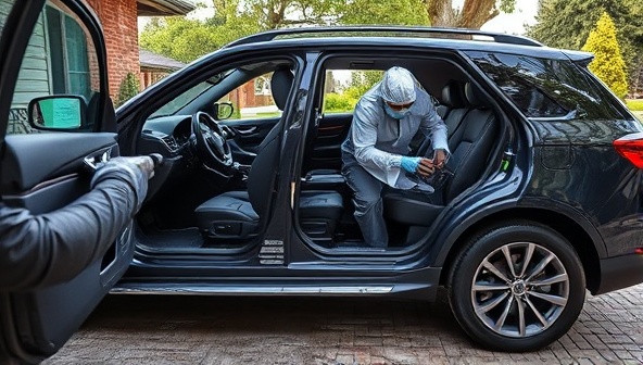 An upscale SUV receiving a meticulous interior detailing treatment on a driveway, with a professional technician wearing protective gear and using steam cleaners, showcasing the thorough and eco-friendly sanitization process of Shine & Shield Auto Spa.