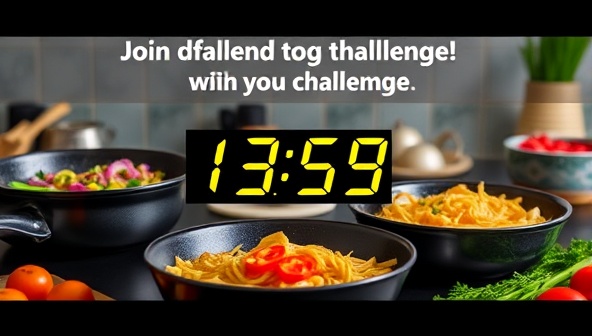 An engaging promotional video teaser featuring sizzling pans, colorful ingredients, and a timer ticking down, creating excitement and anticipation for the upcoming online cooking competition, inviting participants to join the challenge.
