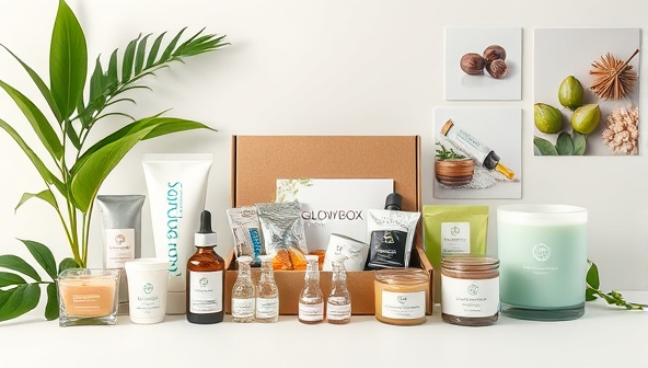A beautifully styled flat lay image showcasing a collection of GlowBox Wellness subscription boxes filled with botanical skincare products, wellness supplements, aromatic candles, and relaxation aids, arranged against a backdrop of lush greenery and calming spa visuals, evoking a sense of rejuvenation and tranquility.