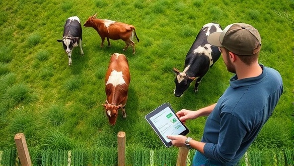 An aerial view of a lush green pasture with cows wearing smart collars, while a farmer monitors their activities on a tablet, illustrating the seamless integration of technology in livestock management.