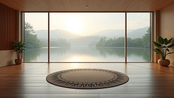 A serene and calming virtual retreat environment featuring a digital yoga studio with a tranquil nature backdrop, soothing music, and a virtual meditation circle, promoting relaxation and well-being from the comfort of home.