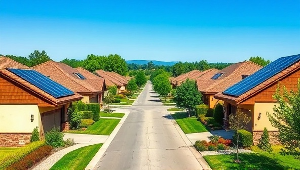 A picturesque suburban street lined with houses equipped with solar panels, showcasing a cohesive neighborhood effort towards clean energy and sustainability, under a clear blue sky, symbolizing unity and environmental consciousness.