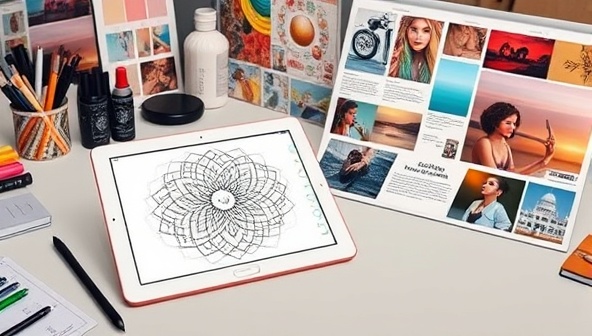 An artistic digital workspace with a stylus pen, a tablet displaying intricate digital artwork, and a mood board filled with creative inspirations and color palettes, evoking the essence of custom digital art creation.