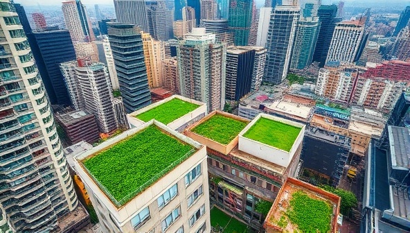 An aerial view of a bustling cityscape with vibrant rooftop gardens and green spaces on top of buildings, showcasing the integration of urban farming into the urban environment, promoting sustainability and green living.