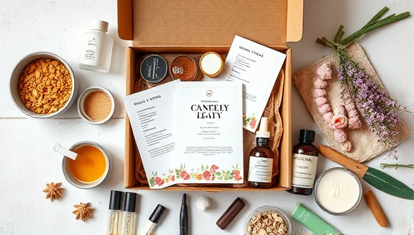 A beautifully curated flat lay of a DIY beauty subscription box with various ingredients, recipe cards, and handmade beauty products, exuding a sense of creativity and personalization in the beauty crafting experience.