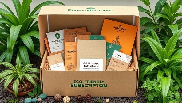 An assortment of eco-friendly architectural materials neatly arranged in a branded subscription box, surrounded by lush greenery and natural elements, conveying a sense of sustainability and innovation in design.