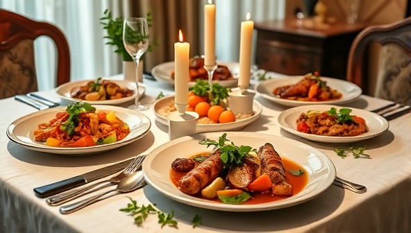 An elegant dining table set with gourmet meal prep dishes elegantly plated, surrounded by fresh herbs and culinary garnishes, creating a luxurious and enticing dining experience at home.