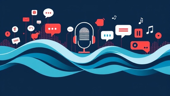 An imaginative audio wave graphic with diverse sound symbols (microphone, headphones, speech bubbles) intertwining and forming a visual representation of storytelling through podcasts, evoking a sense of creativity and immersive audio experiences.