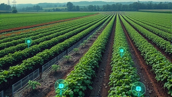 A farm landscape with futuristic IoT devices integrated into the fields, showcasing automated irrigation systems and data collection sensors, illustrating the blend of technology and agriculture.