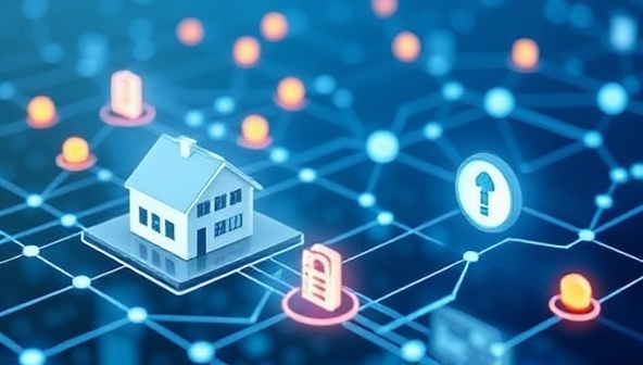 An innovative visualization of a blockchain-powered real estate investment platform, featuring digital tokens representing property shares, blockchain transactions in progress, and a secure decentralized network, symbolizing transparency and efficiency in real estate investments through blockchain technology.