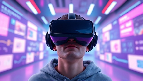 An immersive VR environment displaying a user wearing a VR headset, exploring a virtual representation of a website design with interactive elements and stunning visual effects, conveying a futuristic and innovative web design experience.