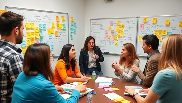 A vibrant workshop setting with professionals engaged in a storytelling exercise, surrounded by colorful sticky notes, whiteboards filled with ideas, and animated expressions, capturing the essence of creativity and collaboration.