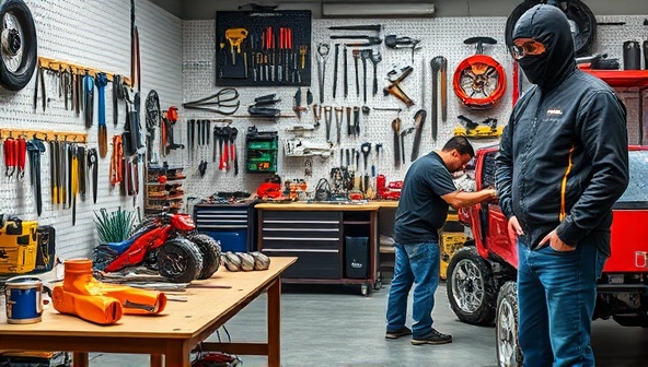 A dynamic image featuring a fully equipped workshop space with a variety of tools neatly organized on pegboards, workbenches with ongoing automotive projects, and a team of experts assisting customers, conveying a vibrant and hands-on DIY atmosphere.