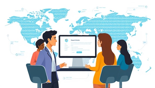 A dynamic graphic showcasing a virtual career coach assisting a diverse group of individuals in career planning, resume building, and interview skills, set against a backdrop of a digital world map symbolizing global opportunities and connectivity.
