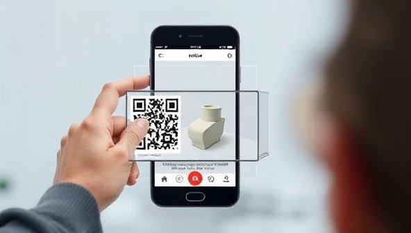 An AR app interface showcasing a user scanning a QR code to launch the AR product preview feature, with a lifelike 3D model of a product superimposed in the real environment, allowing for interactive exploration and customization options, highlighting the immersive and interactive nature of AR product visualization.