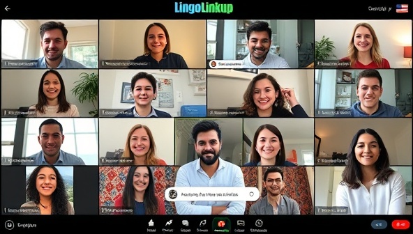 A diverse group of individuals engaged in a virtual language exchange meetup on the LingoLinkup platform, with video calls and text chats in multiple languages, showcasing the dynamic and interactive nature of the peer-to-peer language exchange community.