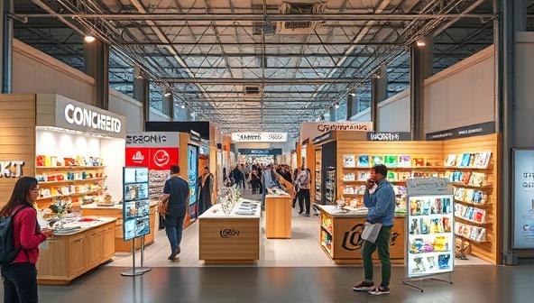 An artistic representation of a vibrant and specialized marketplace where designers and businesses from niche industries converge, with each booth showcasing unique design styles and branding elements relevant to their respective sectors, fostering a sense of creativity and specialization.