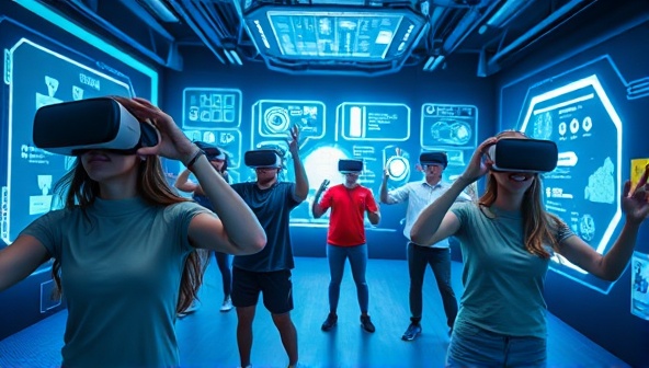 An immersive virtual reality setting with participants wearing VR headsets, engaging in physical challenges and interactive puzzles within a futuristic digital environment, conveying a sense of excitement, teamwork, and adventure in the VR FitQuest experience.