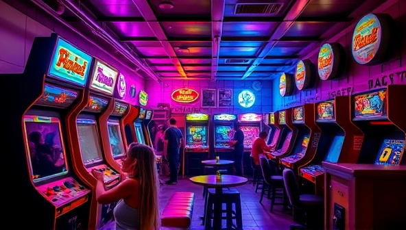 A vibrant image of a retro arcade bar filled with colorful arcade machines, neon lights, and cozy seating areas, with customers enjoying games, drinks, and social interactions, capturing the lively and nostalgic atmosphere of Pixel & Pint.
