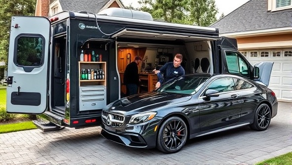 A mobile car detailing van equipped with professional tools and eco-friendly products, parked in a residential driveway with a team of detailers working on a luxurious car, showcasing convenience and quality service.