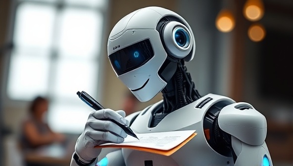 An artistic representation of a futuristic AI robot with a pen and paper, symbolizing the fusion of technology and creativity in content creation.