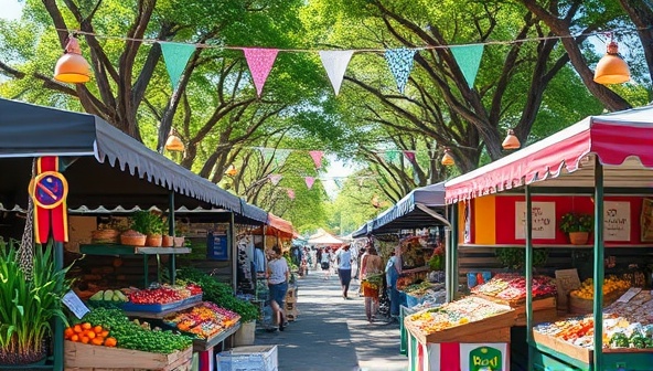 An inviting farmers market scene with colorful stalls showcasing fresh produce, handmade goods, and artisanal products under a bustling canopy of trees, creating a vibrant and community-oriented atmosphere.