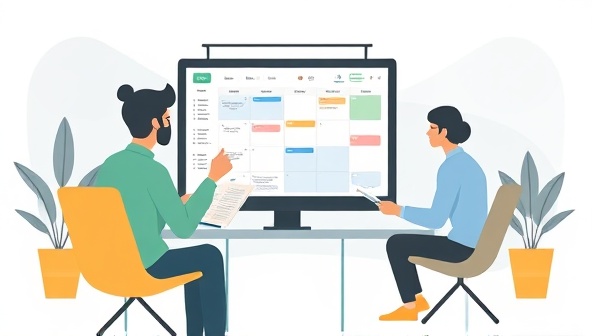 A modern digital illustration of a virtual productivity coaching session, featuring a client organizing tasks and schedules on a digital planner with a productivity coach, discussing time management strategies and goal-setting techniques, conveying efficiency and productivity improvement.