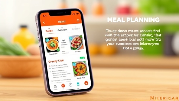 An animated graphic showcasing a smartphone screen displaying a user-friendly meal planning app interface with colorful recipe suggestions, grocery lists, and nutritional information, promoting convenience and health-conscious choices.