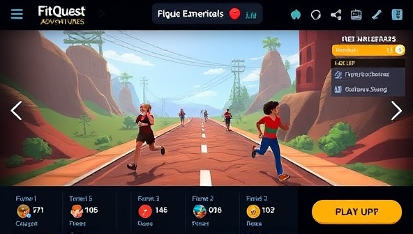 A dynamic in-game screenshot from FitQuest Adventures featuring avatars of users engaging in a virtual fitness race through diverse landscapes and obstacles, with interactive elements like power-ups, leaderboards, and social sharing features, creating a visually stimulating and immersive gaming experience that motivates players to stay active and connected.
