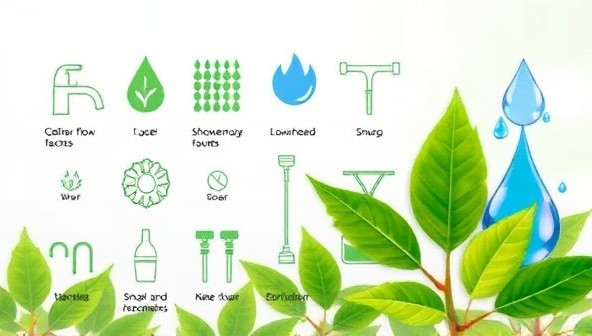A visually appealing graphic showcasing a range of water-saving products like low-flow faucets, showerheads, and smart irrigation systems, alongside green leaves and a water droplet symbol, evoking a sense of eco-friendliness and sustainability.