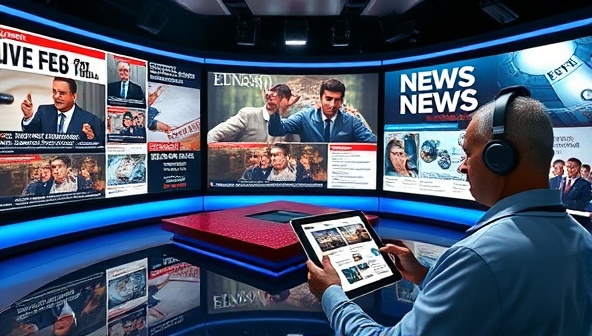 An AI-powered newsroom with digital screens displaying real-time news updates, headlines, and analysis, with a user interacting with a personalized news feed on a tablet, highlighting the platform's curated news content and user-focused approach.