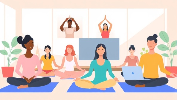 An illustration of diverse virtual teams engaging in a virtual yoga session together, showcasing the importance of mental wellbeing and team cohesion in remote work environments.