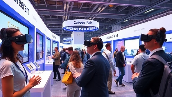 An immersive virtual reality scene of a career fair with participants wearing VR headsets, exploring digital booths, engaging in conversations with avatars representing recruiters, and attending virtual presentations in a futuristic and dynamic environment, symbolizing the future of recruitment events.