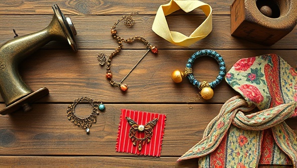 A vintage-inspired flat lay scene featuring upcycled fashion accessories elegantly displayed on a rustic wooden table, accompanied by old-fashioned sewing tools and vintage fabric swatches, evoking nostalgia and sustainability.