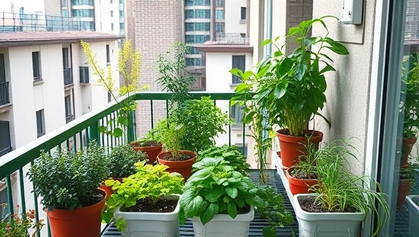 An urban apartment balcony transformed into a lush green oasis with the help of UrbanGreen Tech smart gardening kits, showcasing a variety of thriving plants, herbs, and vegetables under the care of automated watering systems and IoT sensors, emphasizing urban sustainability and fresh homegrown produce.
