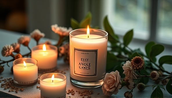 An elegant image of a beautifully crafted artisanal candle, surrounded by botanical elements and soft candlelight, evoking a sense of luxury and tranquility, capturing the essence of the artisanal candle making experience.