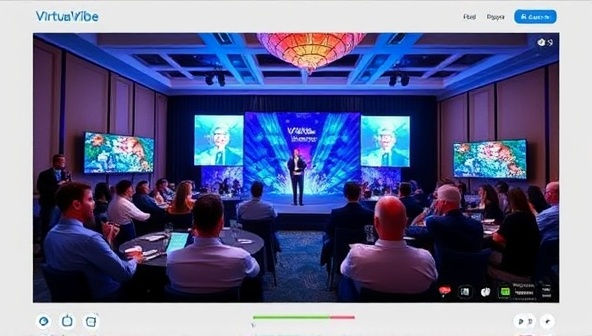 An engaging virtual event scene with attendees interacting in breakout rooms, a speaker delivering a keynote address on the main stage, and vibrant digital visuals, capturing the dynamic and immersive nature of VirtualVibe Events.
