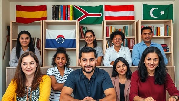 A diverse group of individuals from different countries engaging in a virtual language exchange session, with language books and flags in the background, symbolizing cultural diversity and language learning.