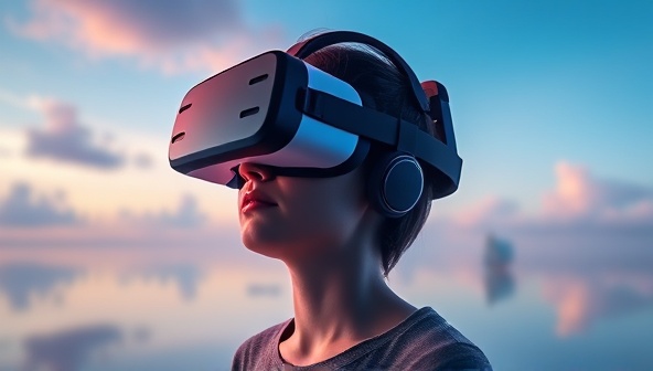 A captivating illustration of a person wearing a VR headset and experiencing a serene virtual environment with soothing visuals, calming sounds, and pain-relief techniques, demonstrating the immersive and therapeutic nature of virtual reality therapy for pain management.