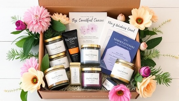 A beautifully arranged Serenity Sentiments gift box filled with tranquil products like scented candles, relaxation teas, and mindfulness journals, surrounded by fresh flowers and greenery, evoking a sense of calm and self-care indulgence.