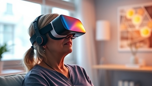 An immersive and captivating visual of a patient experiencing PainRelief VR therapy in a healthcare setting, wearing a VR headset and interacting with a virtual environment designed for pain distraction and relaxation, surrounded by soothing visuals and calming sounds, illustrating the transformative power of VR technology in pain relief.