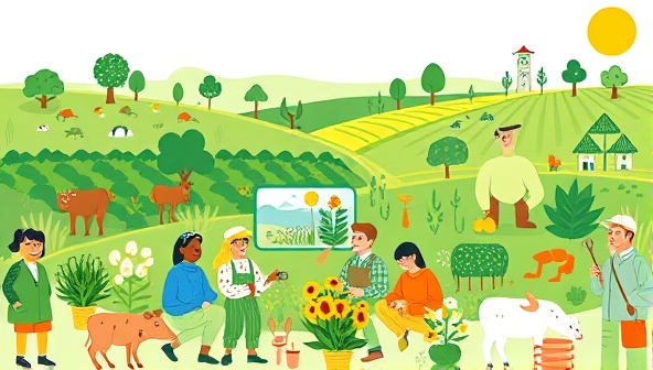 An engaging digital illustration featuring a diverse group of farmers, gardeners, and sustainability advocates participating in an online workshop on sustainable agriculture practices, surrounded by green landscapes, farm animals, and eco-friendly farming tools, symbolizing community learning and environmental stewardship.